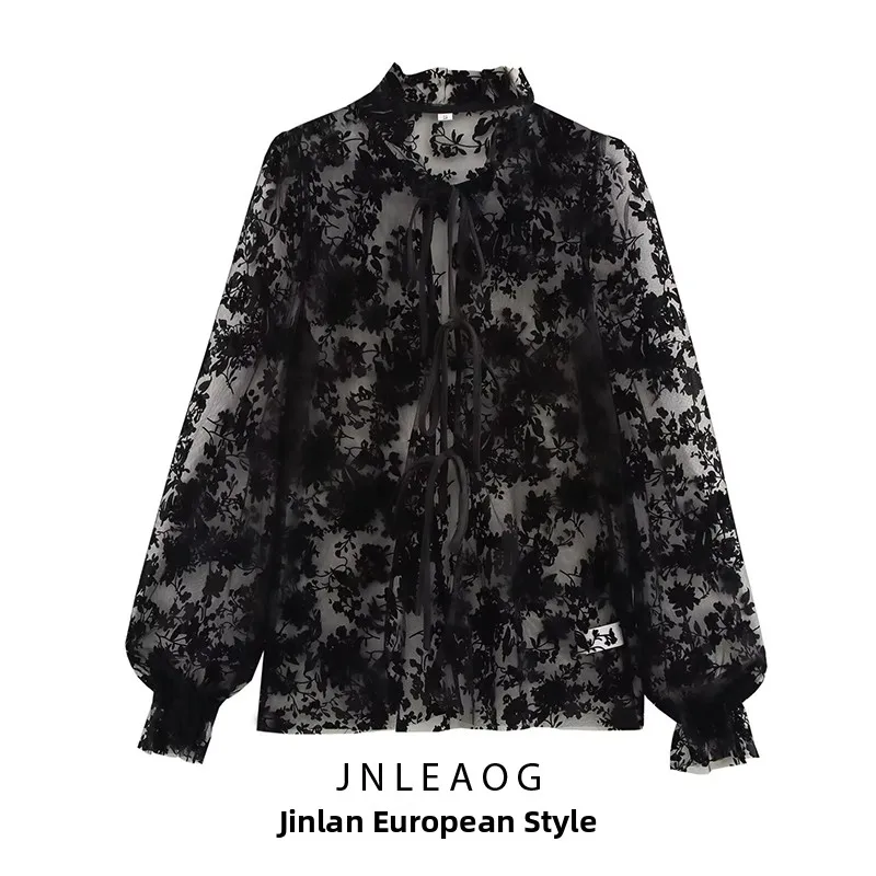 

JNLEAOG Autumn New Faion Street Sle Women's irt Velvet Texture See-tough Belted Versatile Ele Polyester Long Sve