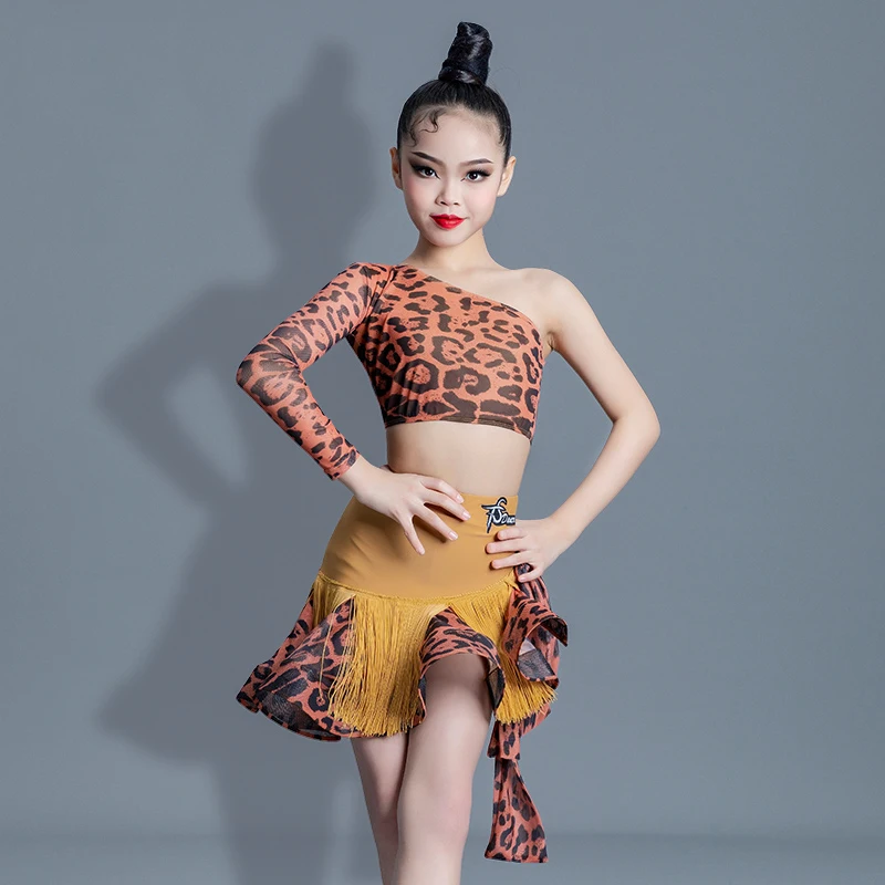 

Kids Latin Dance Costumes Single Sleeves Leopard Top Tassels Skirts For Girls Latin Dance Competition Dress Practice Wear SL8060