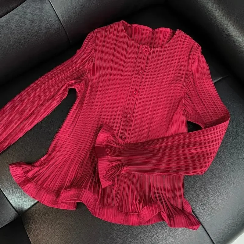 Outerwears Women's Jacket Lssey Miyake Pleated Vintage Line Jacket Spring and Autumn New Single-breasted Long-sleeved  Shirt
