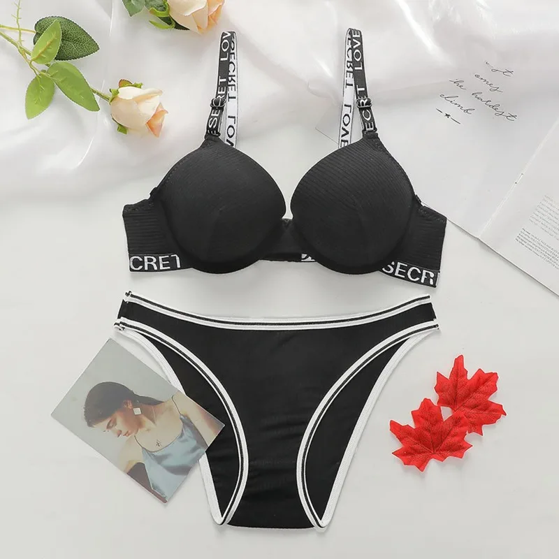 Conjunto de ropa interior sexy de Europa y Estados Unidos, sujetador con correa de letras, ajuste de realce, belleza en la espalda, Changlizi