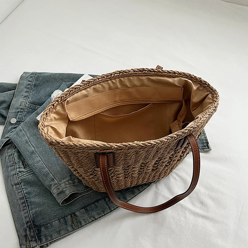 Summer Straw Bags for Women Straw Shoulder Bags Rattan Woven Top Handle Bag Hollow Raffia Crochet Beach Bag Casual Handbags