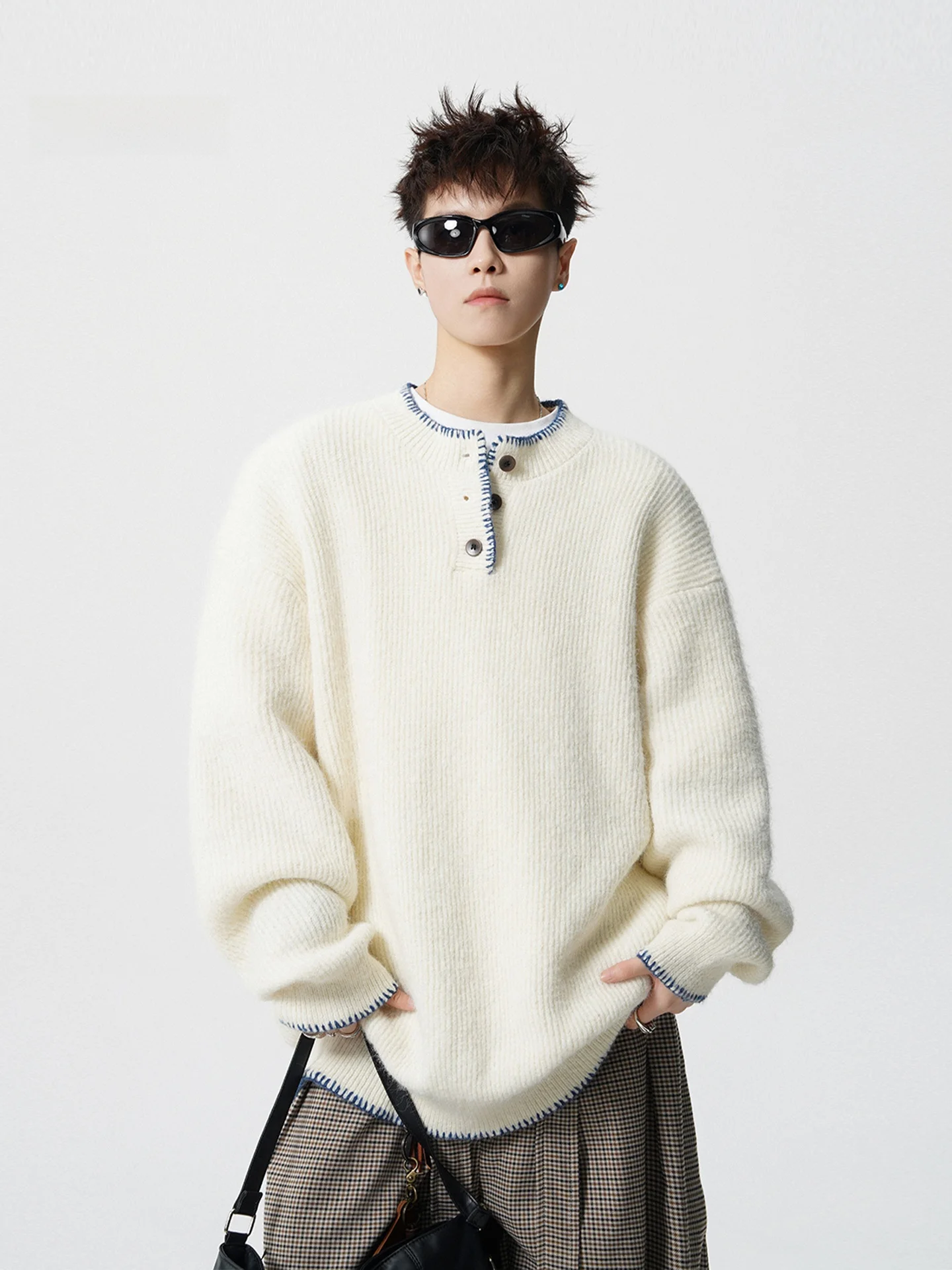 

Мужской трикотажный свитер в американском ретро-стиле с воротником Хенли, утолщенный, из смесовой шерсти, для осени и зимы, мягкая полиэстеровая ткань