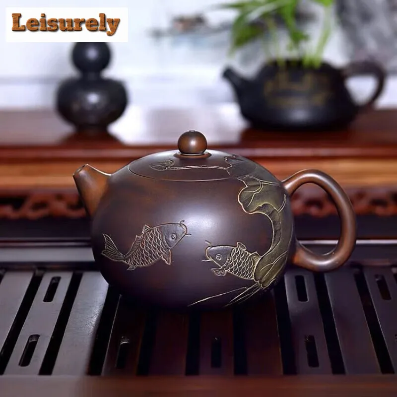 

500ml Qinzhou Nixing Pottery Teapot Fully Handmade Xishi Pot Famous Master Carved Fish Kettle Large Capacity Teaware Collection