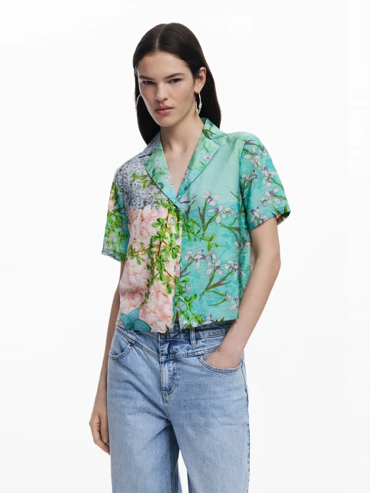 

Manna Pure Floral Print irt Turn-down Collar ort Sve Women's Cotton Blend Summer Cool Sensation Thin Fabric Straight Cut