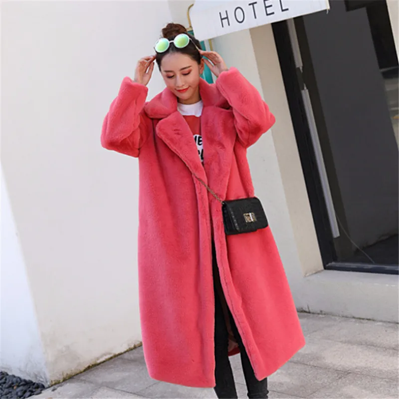 

High Quality Solid Color Long Fur Coat Women Casual Overcoat Autumn Winter Thick Loose Suit Collar Rabbit Fur Jacket Coat Female