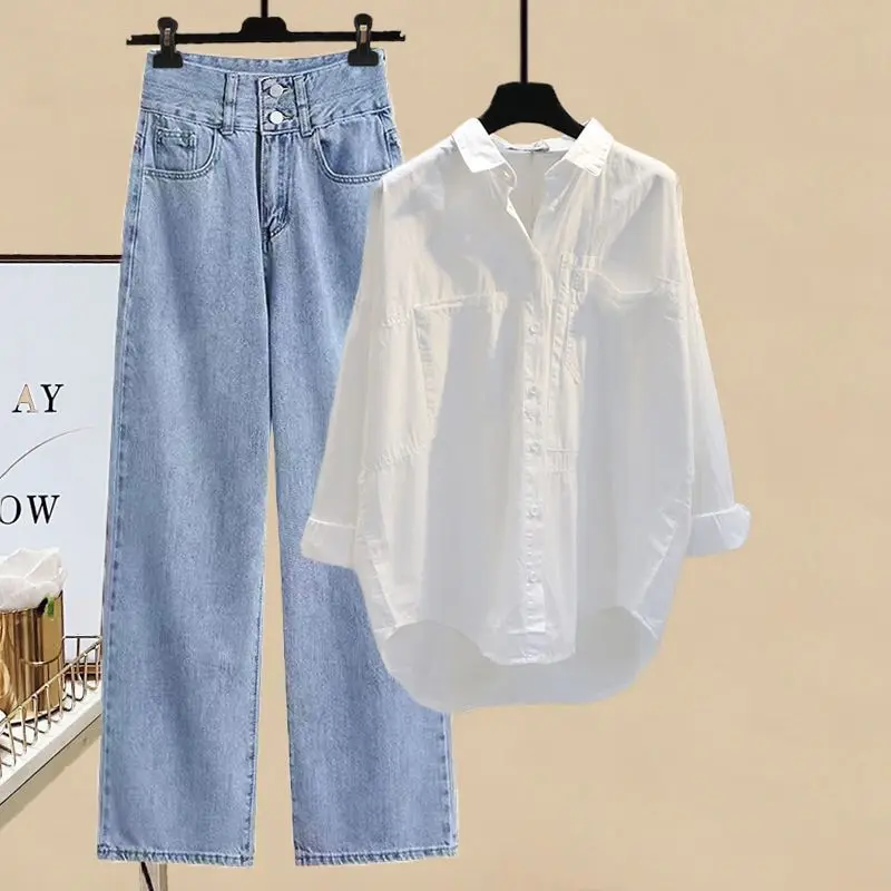 Summer Sunscreen Chiffon Shirt Elastic Tank Top Wide Leg Jeans Two Piece Elegant Women\'s Pants Set Simple Outfits