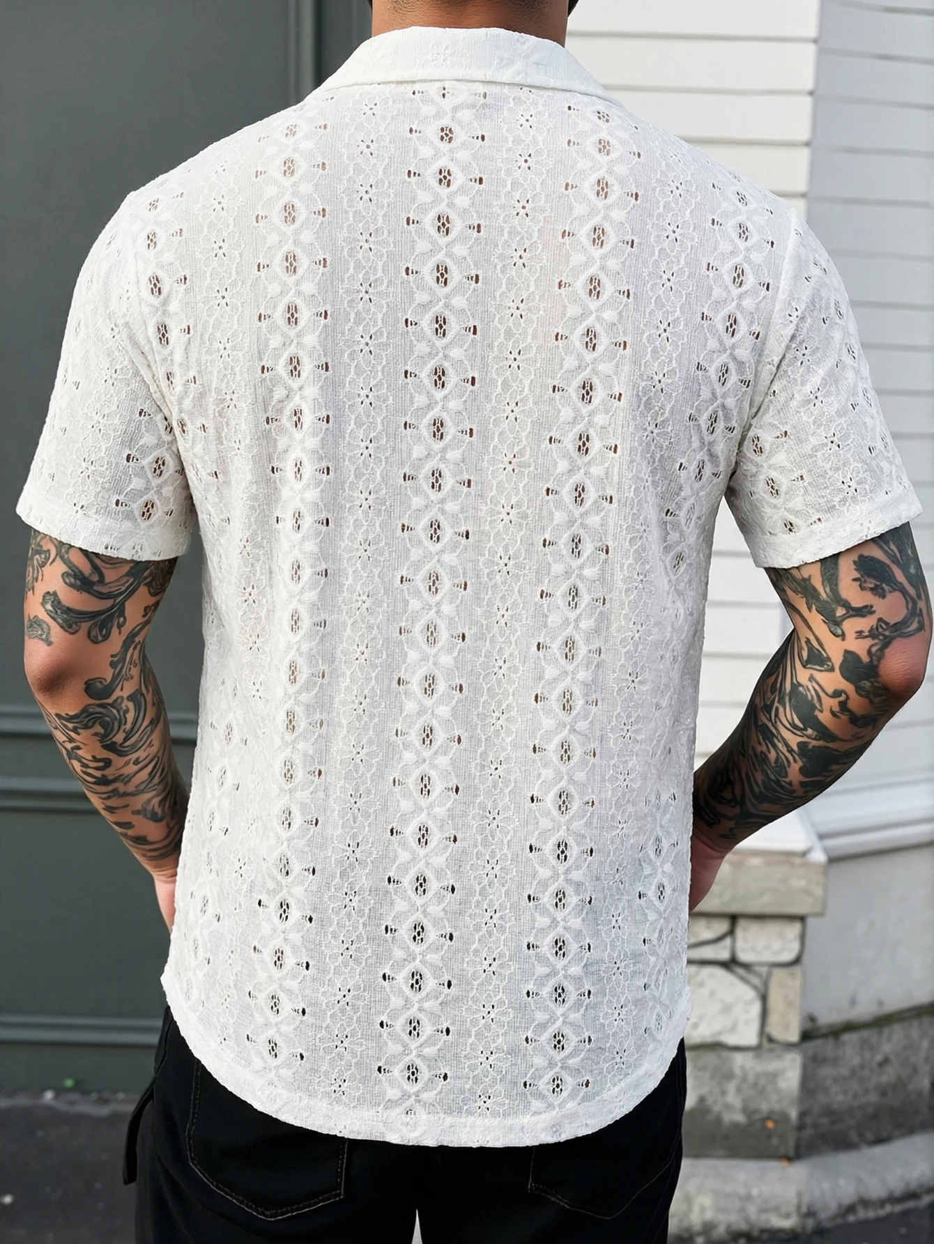Men Button Down Lace Shirts Casual Short Sleeve Lapel Collar Hollow Out Solid Color Loose Shirts Tops