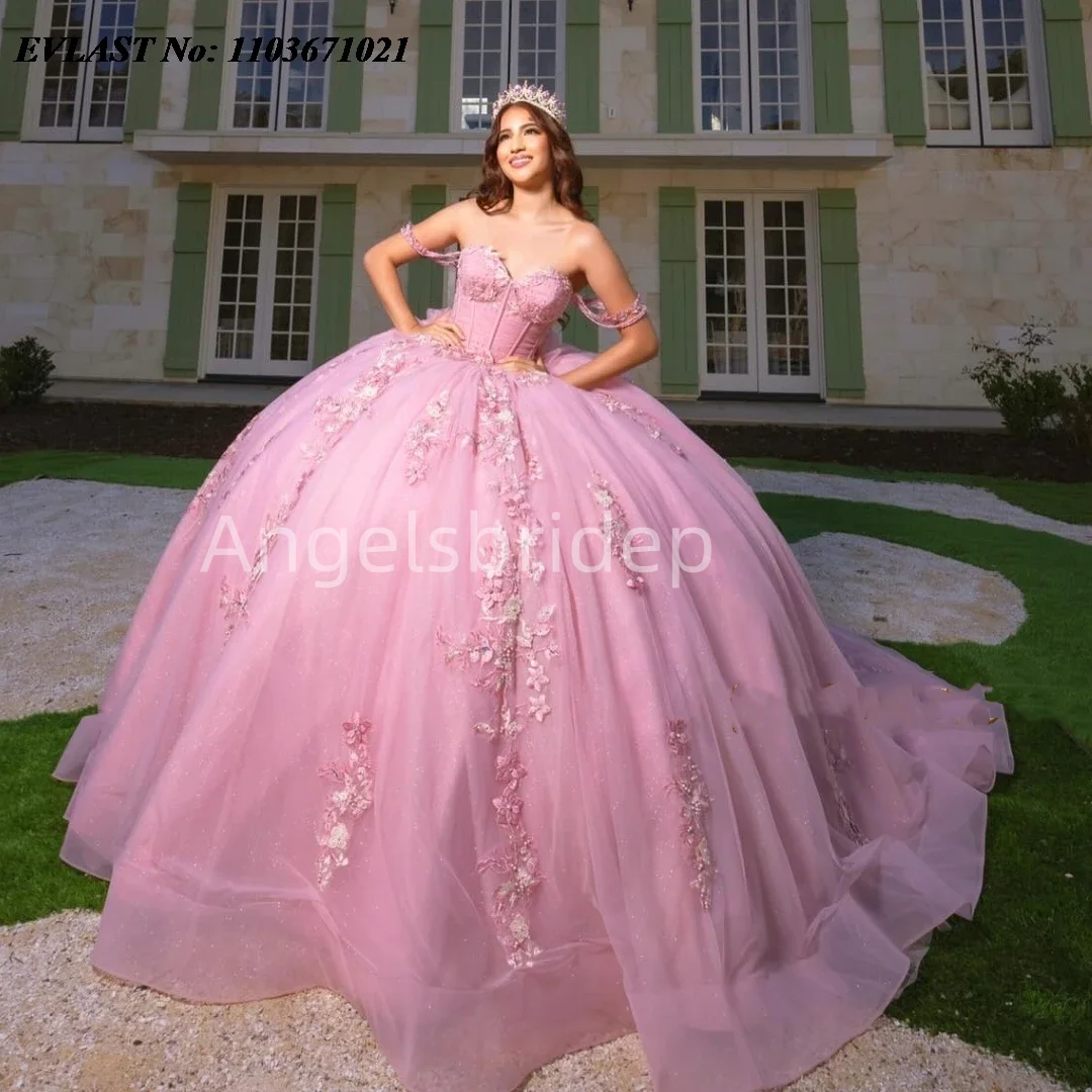 

Angelsbridep Pink Plus Size Ball Gown Quinceanera Dresses Prom Party Sweet 16 Vestido De 15 Quinceañera Sequined Appliques