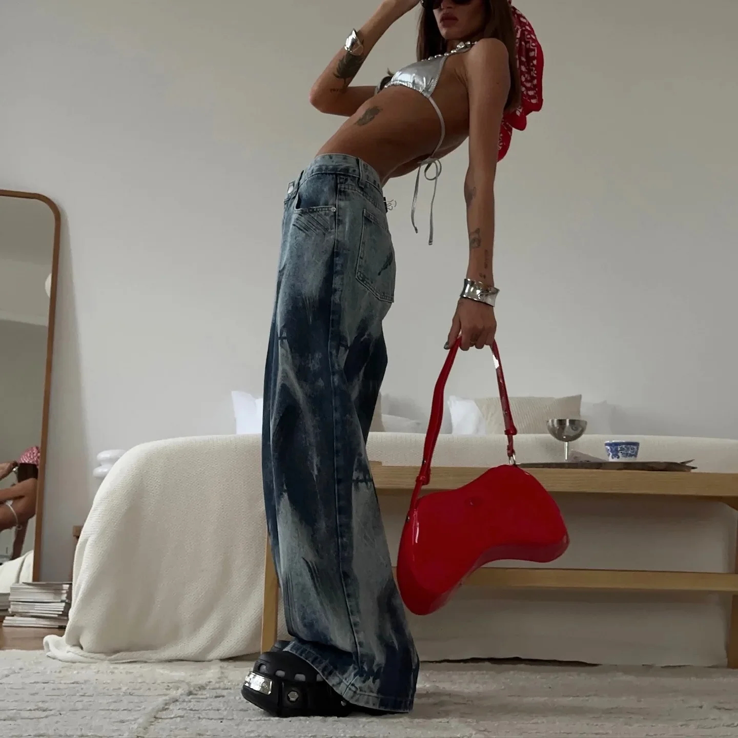 American Fashion Brand Street Style Tie-dye Jeans, Versatile Retro Wide-leg Straight Trousers, Same Fashion for Men and Women
