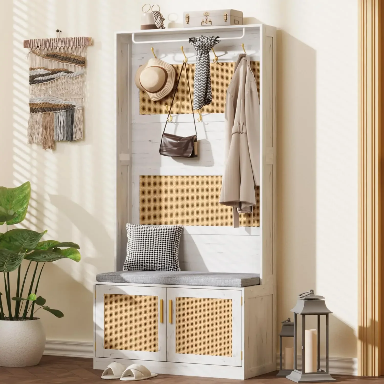 

Дерево для прихожей с скамейкой и местом для хранения обуви, скамейка в прихожей 5 в 1 с вешалкой для одежды, мягкая подушка сиденья, 7 трехкрючков, регулируемая полка