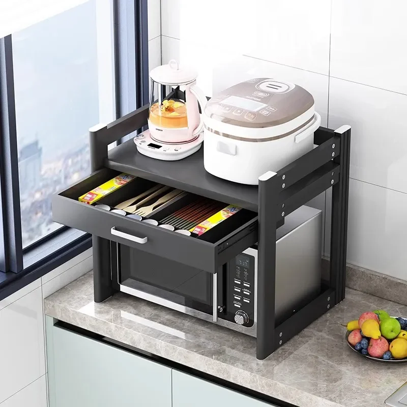 Adjustable Kitchen Countertop Shelf Double Layer Storage Rack for Microwave Oven Rice Cooker Retractable Organizer Stand