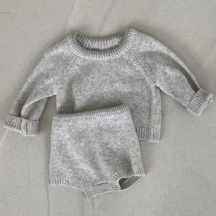 

3536C Pre-sale Baby Clothing Set Knitted Sweater Suit 2022 Autumn Solid Color Baby Boy Two Piece Suit Sweater +Short Boy Suit