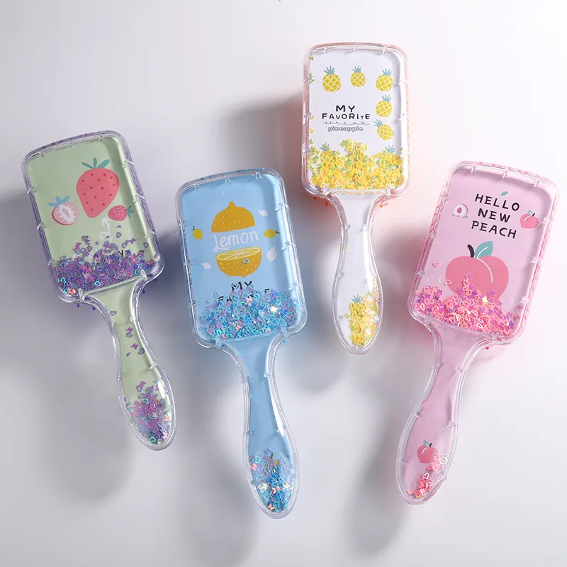 Girl Cartoon Plastic Airbag Comb Quicksand Sequin Hairdressing Comb Plastic Comb Glitter Massage Comb Cartoon Cute Fruit Comb