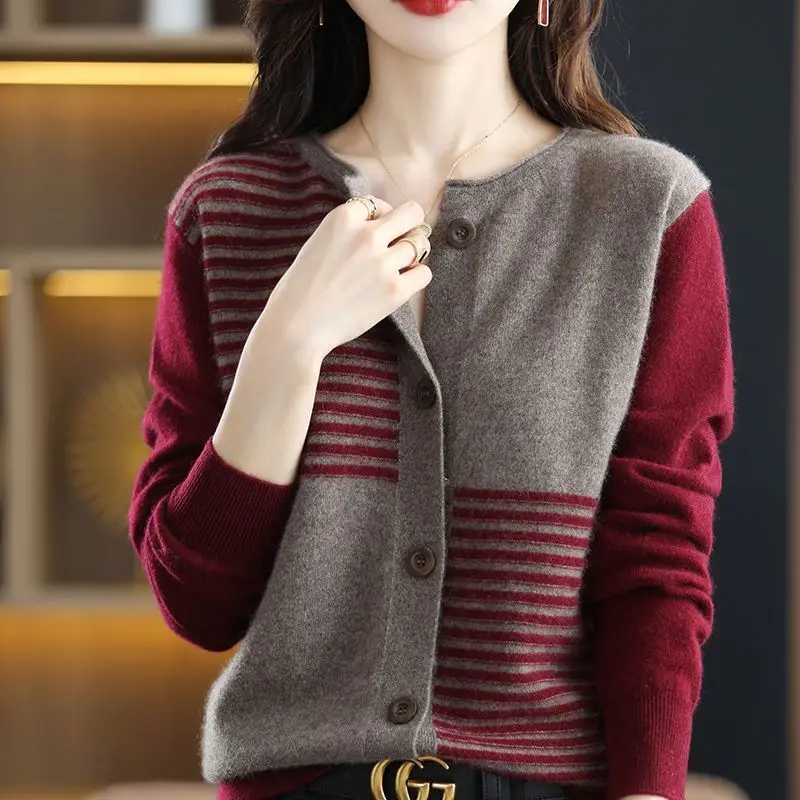 O-Neck SlimThick Autumn Winter Women\'s Clothing Vintage Striped Single Breasted Sweaters Spliced Knitting Refreshing Cardigan