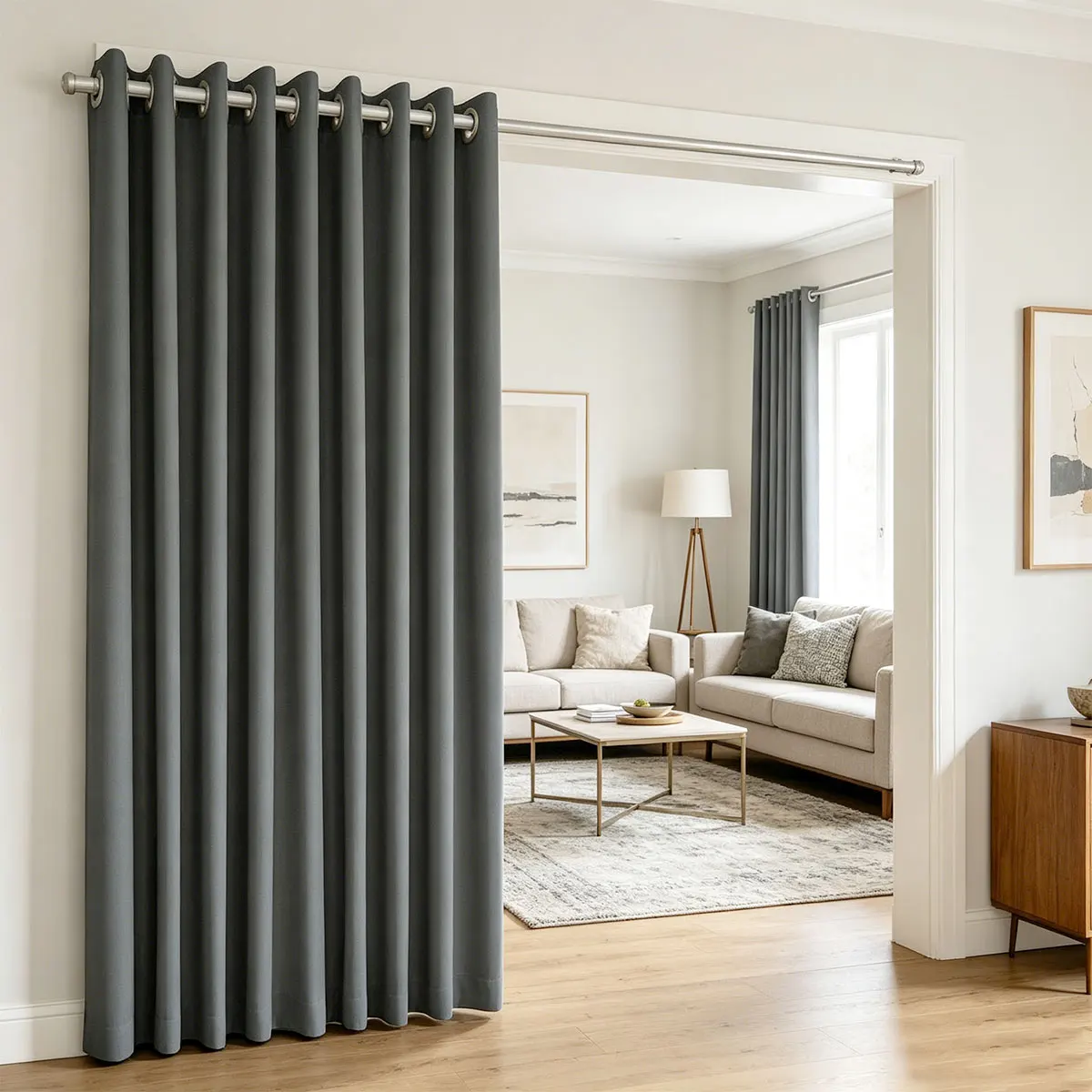 Dark Gray High‑Density Grommet Room Divider Curtain 1pc, Solid Blackout Partition Drape for Doorway Closet Bedroom