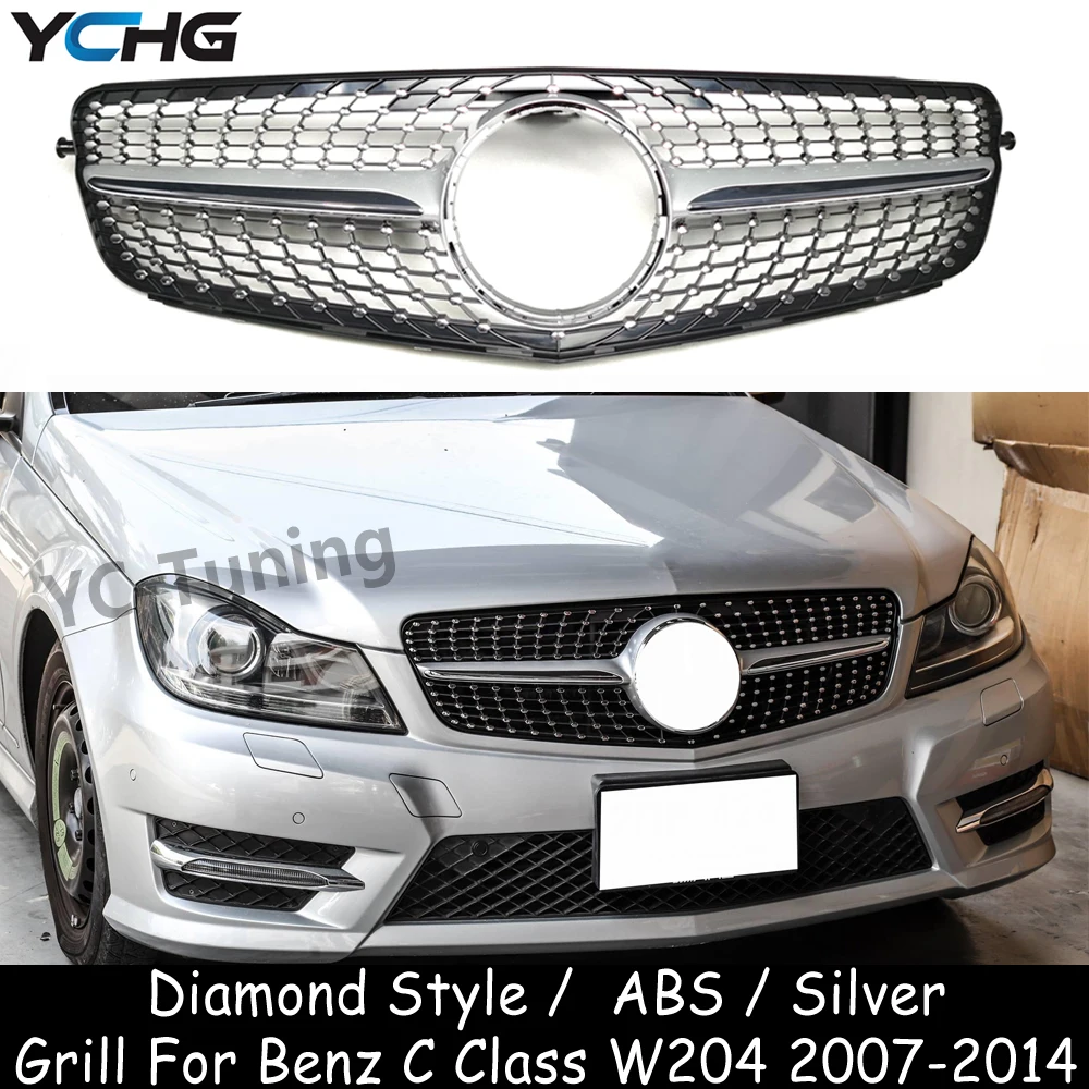 W204 Diamond Style Silver / Black Front Bumper Grille For Mercedes Benz C Class W204 C200 C230 C250 C280 C300 C350 Racing Grills