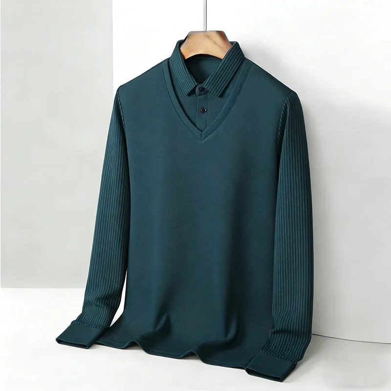 Men's Fake Two Piece Shirt Collar V Neck Long Sleeve Top Khaki Striped Casual Fashion Soft Fabric Daily Wear Blouse