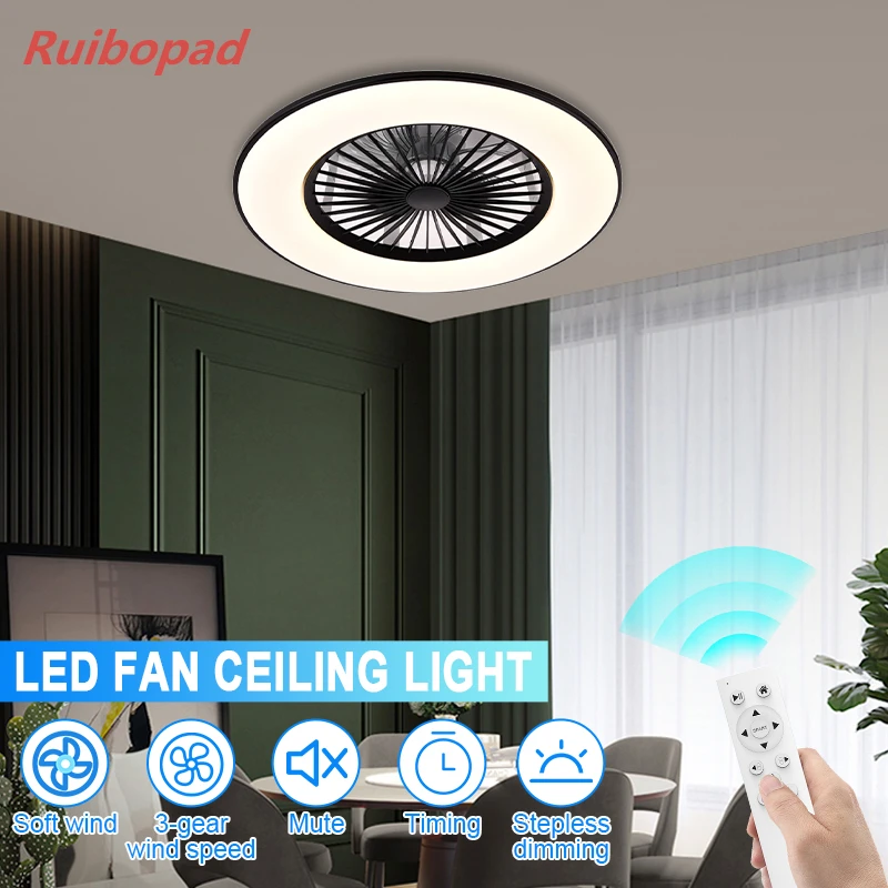 Imagem -03 - Inteligente Preto Moderno 56cm Redonda Ventiladores de Teto Lâmpada Baixo Teto Jantar Quarto Casa com Luz Led Controle Remoto para Ventilador Teto