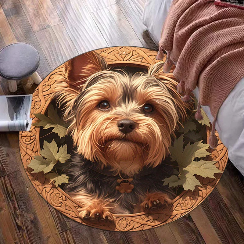Cute Yorkshire Terrier Dog Round Rug Crystal Velvet Floor Mat Pet Lover Home Decor Bedroom Living Room Soft Anti Slip Carpet