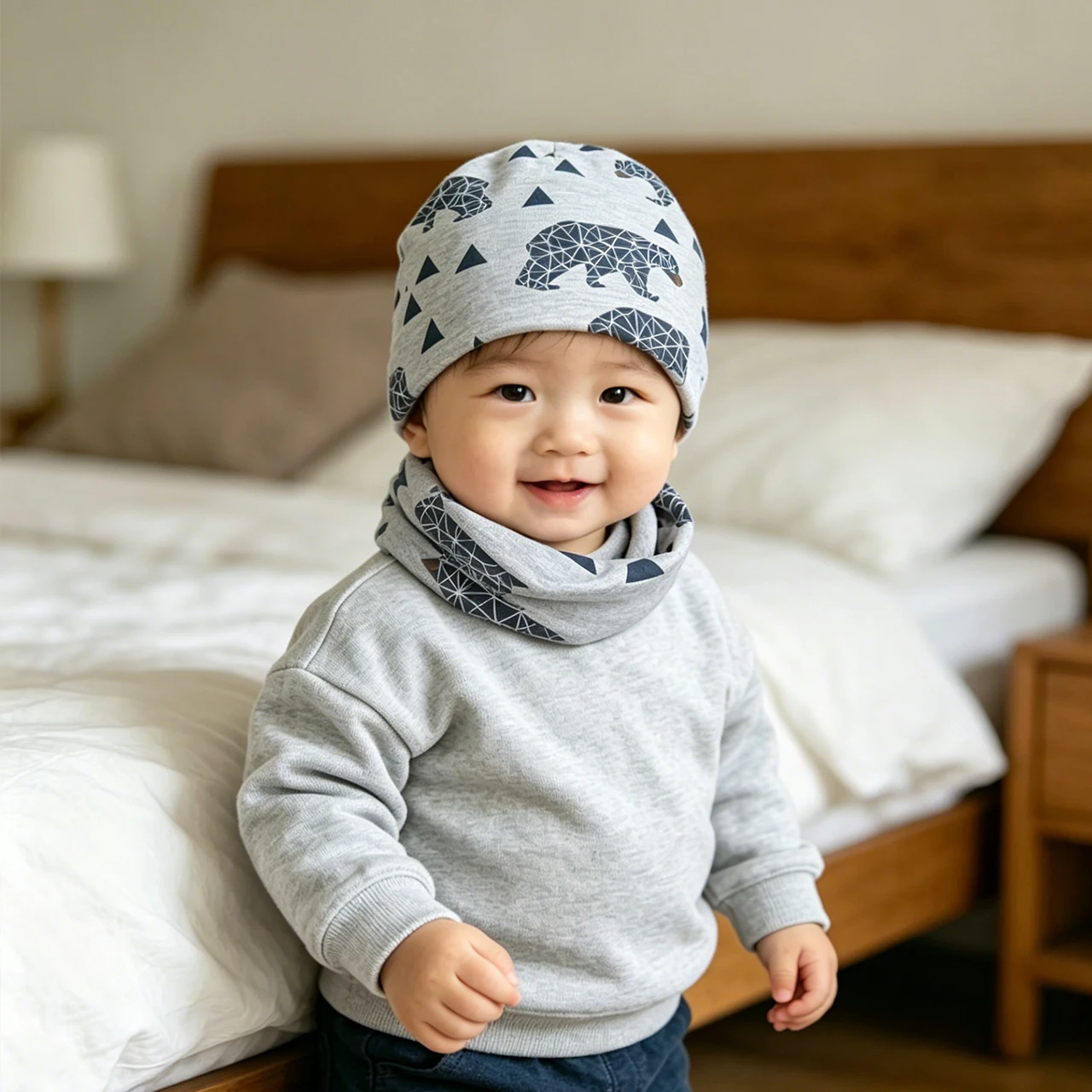 Autumn Winter Kids Scarf Hat Set Cartoon Animal Print Pullover Cap Baby Neck Warmer 4-10Year Children Pull-on Beanie Neckerchief