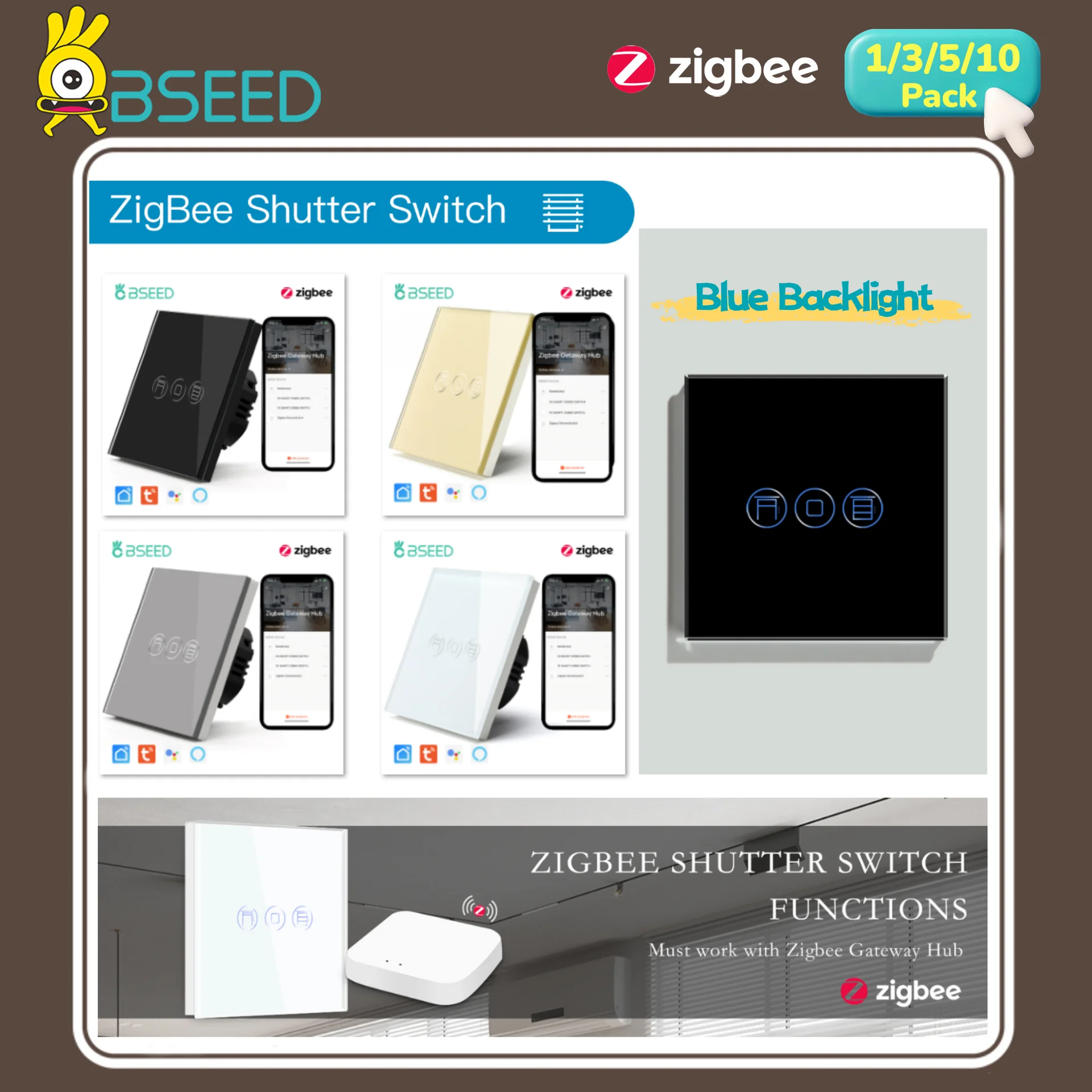 BSEED Zigbee Shutter Switches Smart Roller Switch Wall Switches Tuya Voice Control Smart Life APP Google Alexa Yandex Neutral