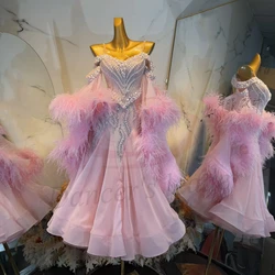 Latin Modern Dance Costume Diamond Women's High end Customized Big Pearl Pink Strap Skirt Waltz Performance Dress