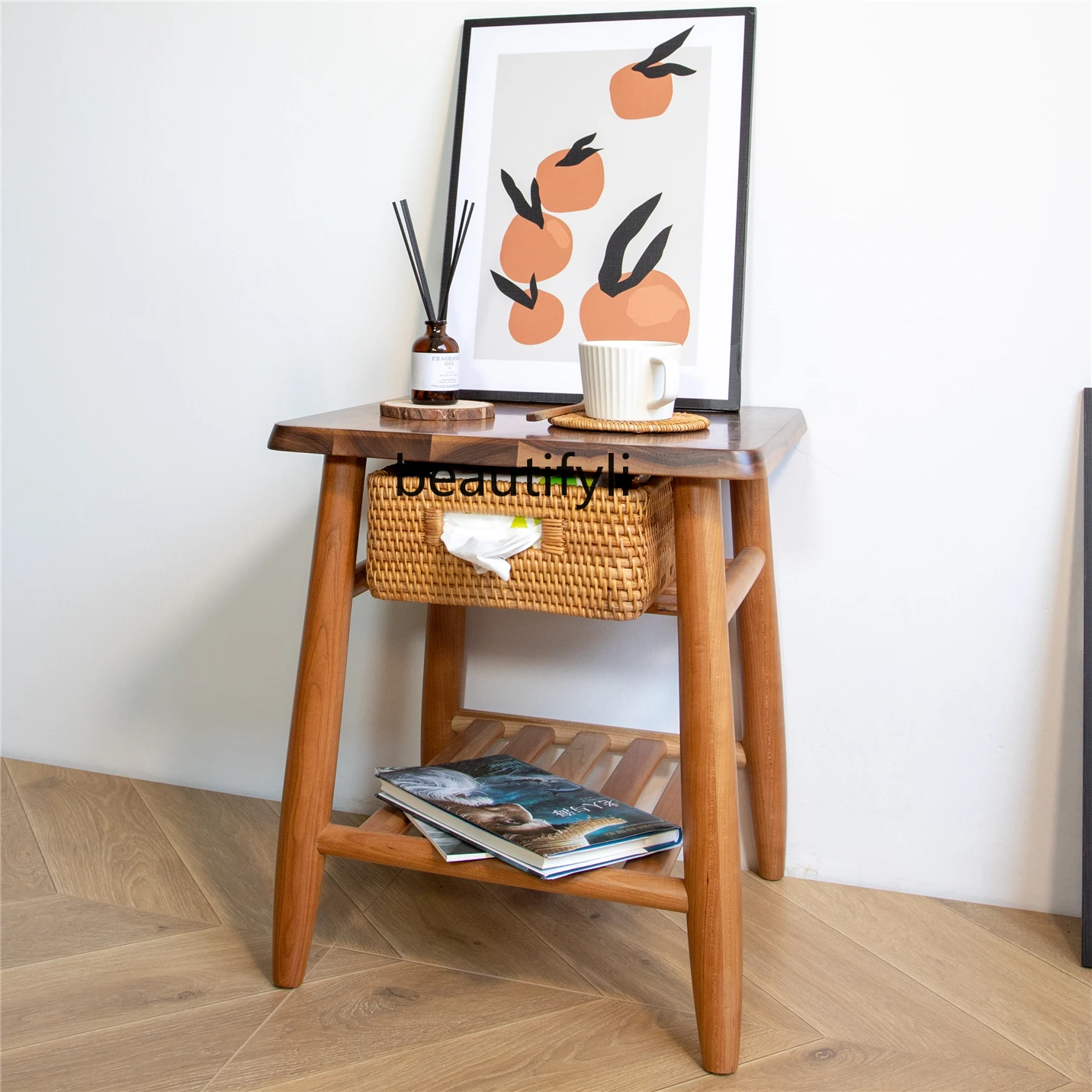 zqJapanese-Style Multi-Functional Cherrywood Side Table Sofa Coffee Table Rattan Bedside Table Simple Shoes Rack