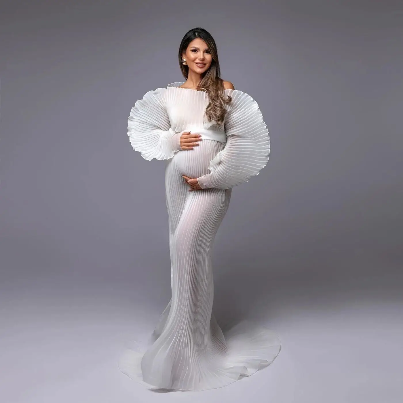 Unique Design Pregnant Maternity Dresses Photoshoot White Off Shoulder Elegant Maternity Dress Pleated Sleeves No Lining