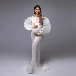 Unique Design Pregnant Maternity Dresses Photoshoot White Off Shoulder Elegant Maternity Dress Pleated Sleeves No Lining