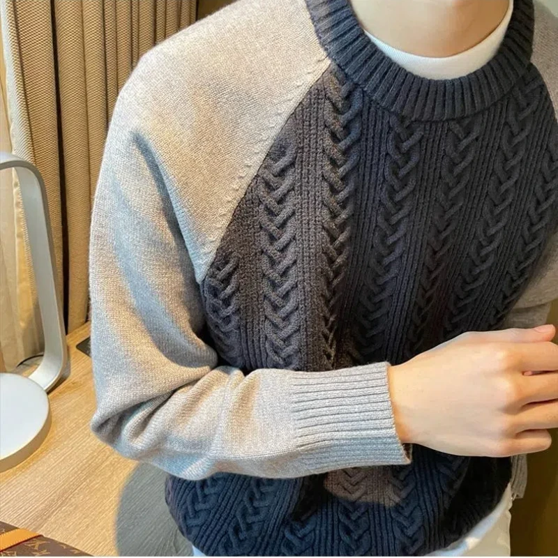 2024 New Sweater Men's Versatile Contrast Color Letter Fashion Casual Knitting Trend Minimalist O-Neck Loose Long Sleeved Tops
