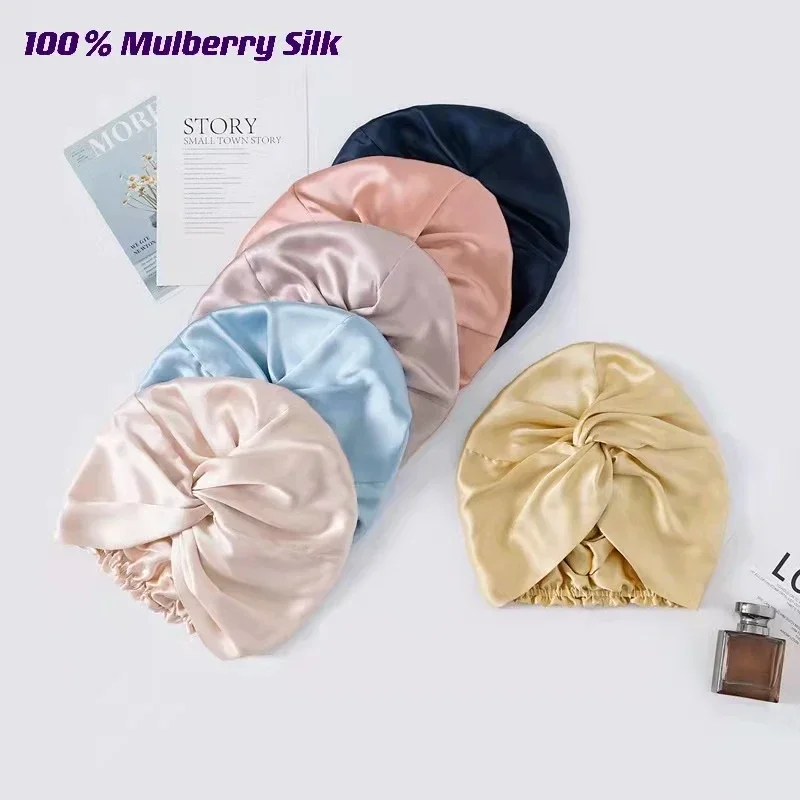 100 Mulberry Silk Turban Bonnets for Women Twisted Sleeping Night Cap 19 Momme Pure Silk Hair Wrap Cap for Curly Ladies Headwrap