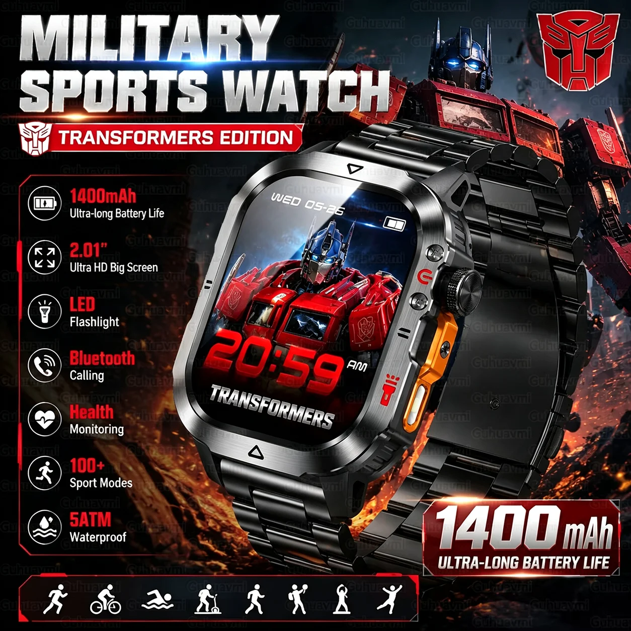 Transformers Military Smart Watch 1400mAh Large Battery 5ATM Waterproof Flashlight Bluetooth Call Outdoor Sports Smartwatch Men