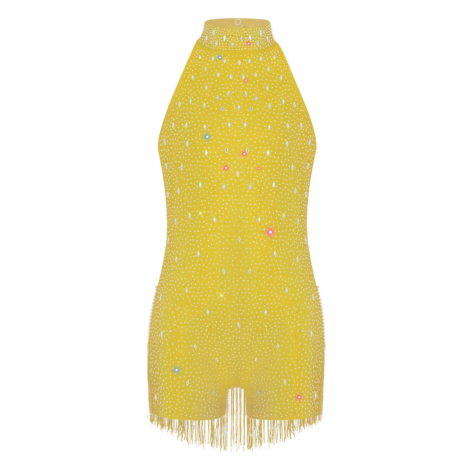 Girls Latin Jazz Dance Fringed Jumpsuit Kids Halter Sleeveless Tassel Leotards Backless Shiny Rhinestones Gymnastics Bodysuit