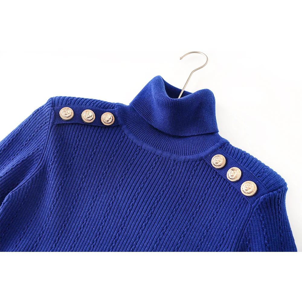 Winter Warm Pullovers Women Woolen Turtle Neck Casual Quality Royal Blue Knitting Sweater with Shoulder Pads