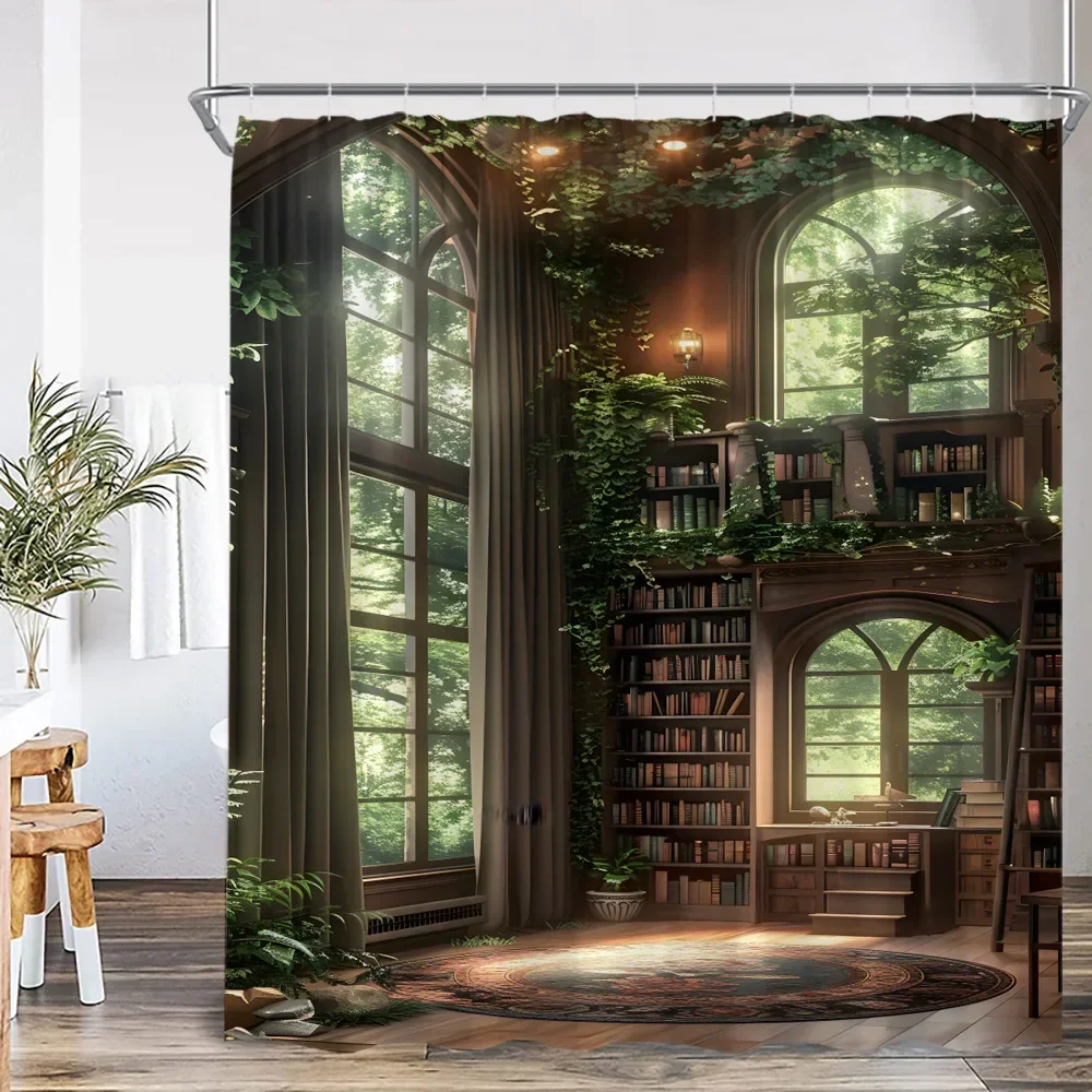 Vintage Library Shower Curtain Medieval Study Antique Castle Bath Decoration Study Theme Polyester Shower Curtain