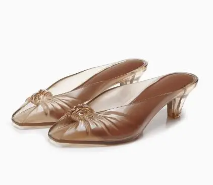 Sommerliche Damen-Sandalen in Rauchgrau mit Knoten, Peeptoe und Transparentem Mittelabsatz - Slip-On Slides für Strand und Party