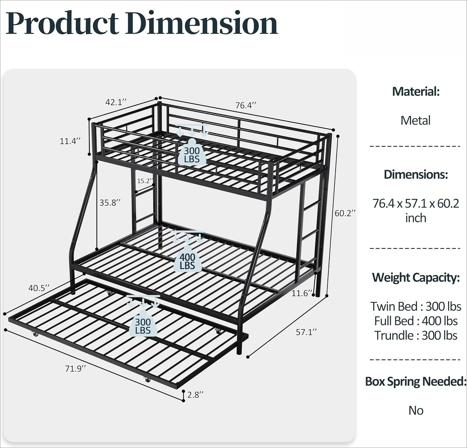 Twin Over Full Metal Bunk Bed Frame with Pull Out Trundle Bed, Dual Secure Access Ladders & Full Surround Safety Guardrails, Noise Resistant Space Saving Bed Frame for Small Bedroom, Black Powder Coated Steel Construction