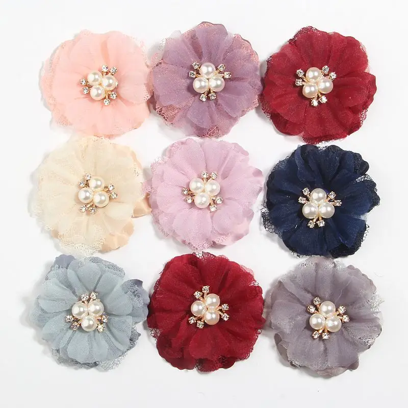 

120PCS 6.5CM Lace trim Fabric Flowers For Headbands Hair Chiffon Flower Rhinestone Cluster For Girls Women Headwear Accessories