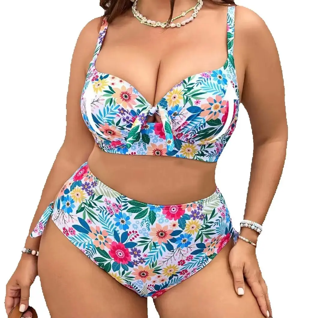 Sexy Two-piece Bikini Plus size Swimsuit with floral print high-waisted underwire Push-up Strong stretch Good for Beach Sporty