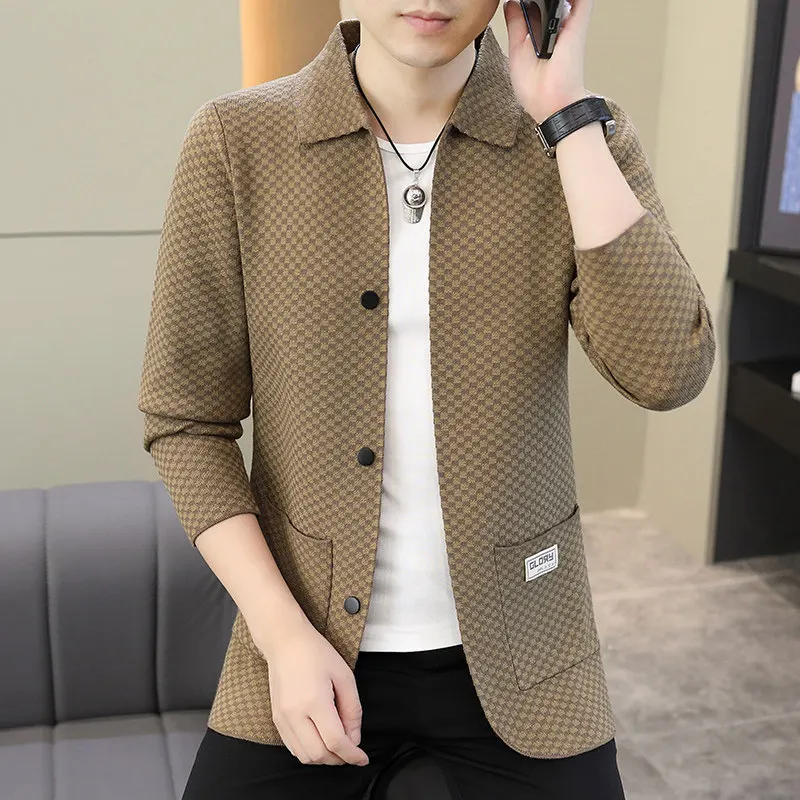 

Высококачественный мужской повседневный вязаный свитер, осенний новый открытый кардиган с воротником-стойкой, модный молодежный универсальный длинный топ све