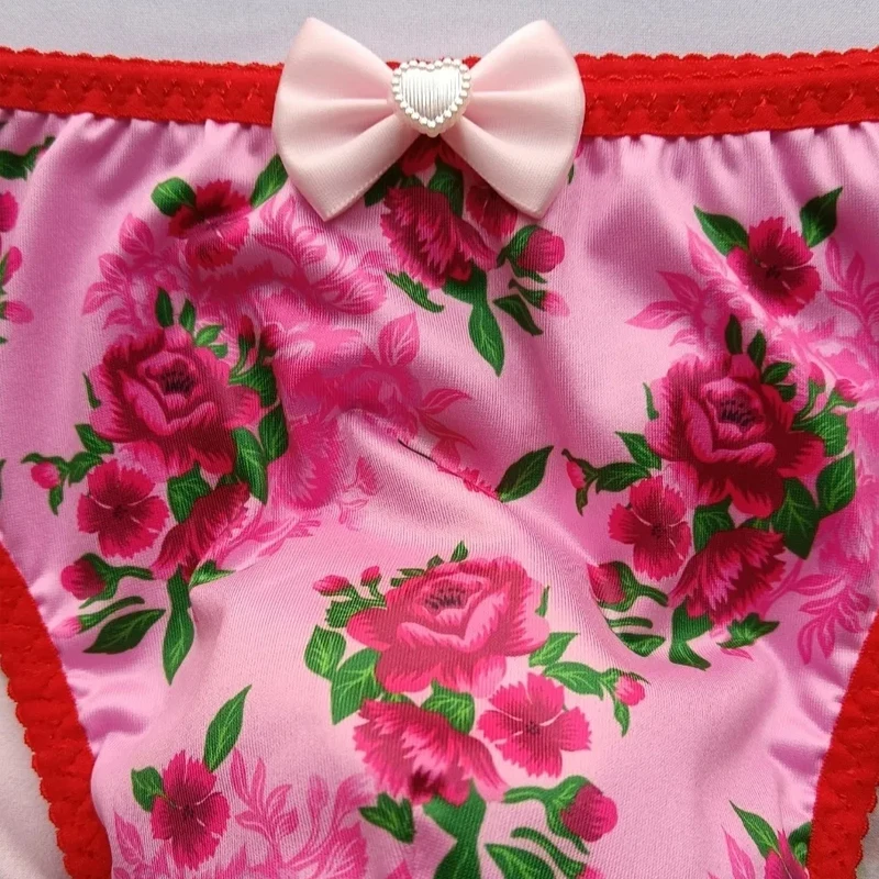 

Man's Red Lace Floral Print Cross-dressing Briefs Sissy Bow Low-waisted Panties Intimates Underwear Private Party BF Gifts