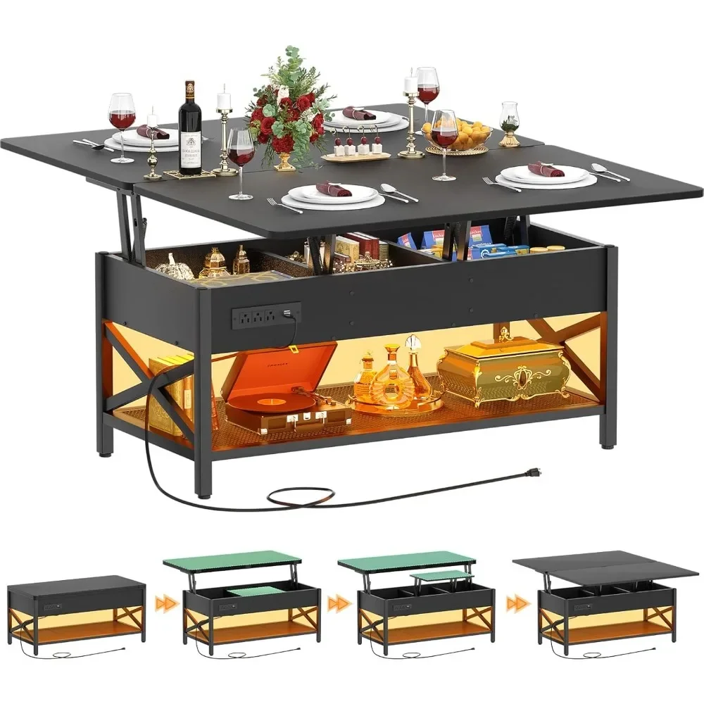 

Coffee Table Lift Top Multi-Function Coffee Table Converts to Dining Table, with LED Light and Power Outlet, Center Table