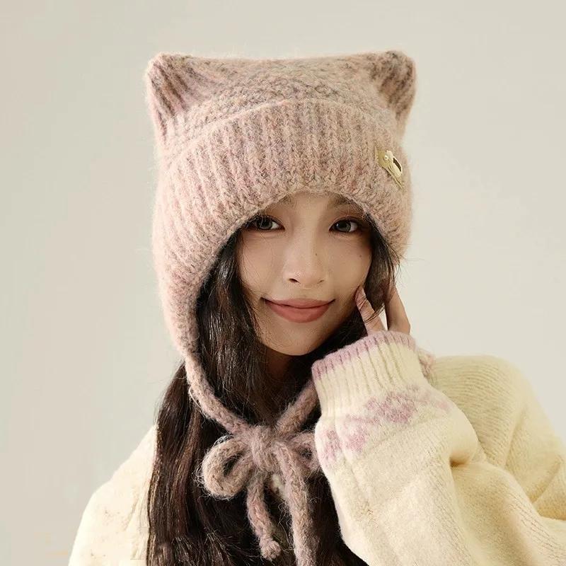 قبعات صوفية نسائية لطيفة للخريف والشتاء، قبعات كورية كاجوال لحماية الأذن بحزام دافئ #2