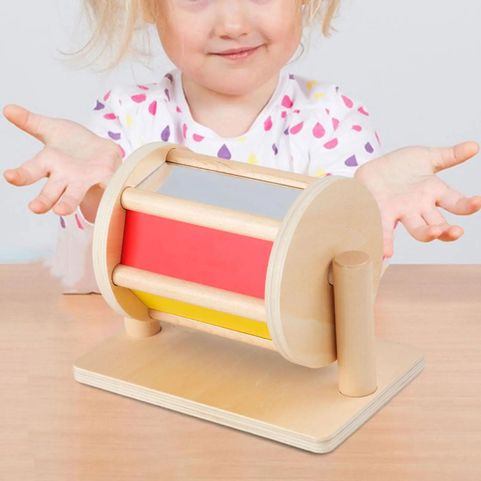 Rolo de tambor giratório, reconhecimento de cor, brinquedo de madeira com espelho e sino para crianças, brinquedo infantil