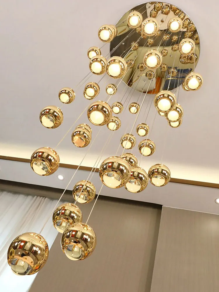 

Nordic Minimalist Staircase Chandeliers Living Room Indoor Circular Pendent Lamps Black Gold Luster Loft Stair Ceiling Lightings