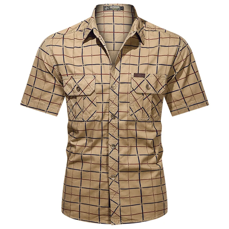 

2025 summer new business casual checkered short-sleeved shirt young men cotton loose military shirt thin