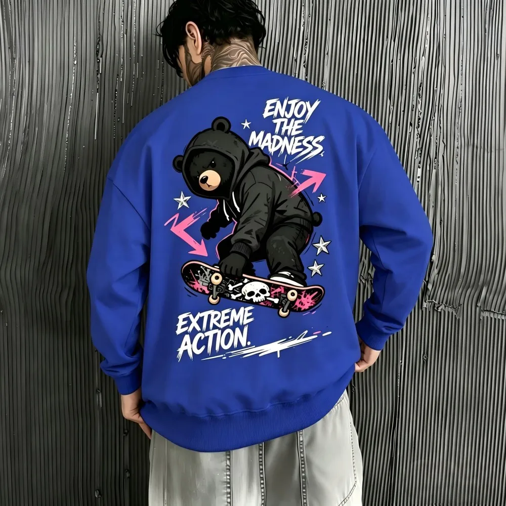 American men's autumn skateboarding teddy bear print micro elastic comfortable round neck long sleeved T-shirt outdoor street to