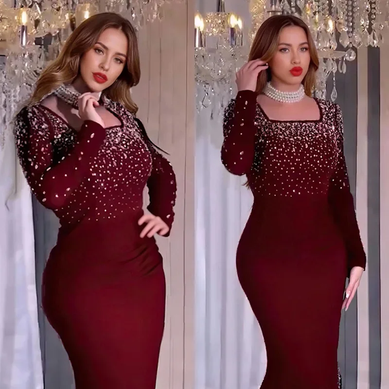 

Fashion African Party Dresses Diamonds for Women Square Neck Ankara Dashiki Wedding Evening Gown Turkey Muslim Dress Kaftan Robe