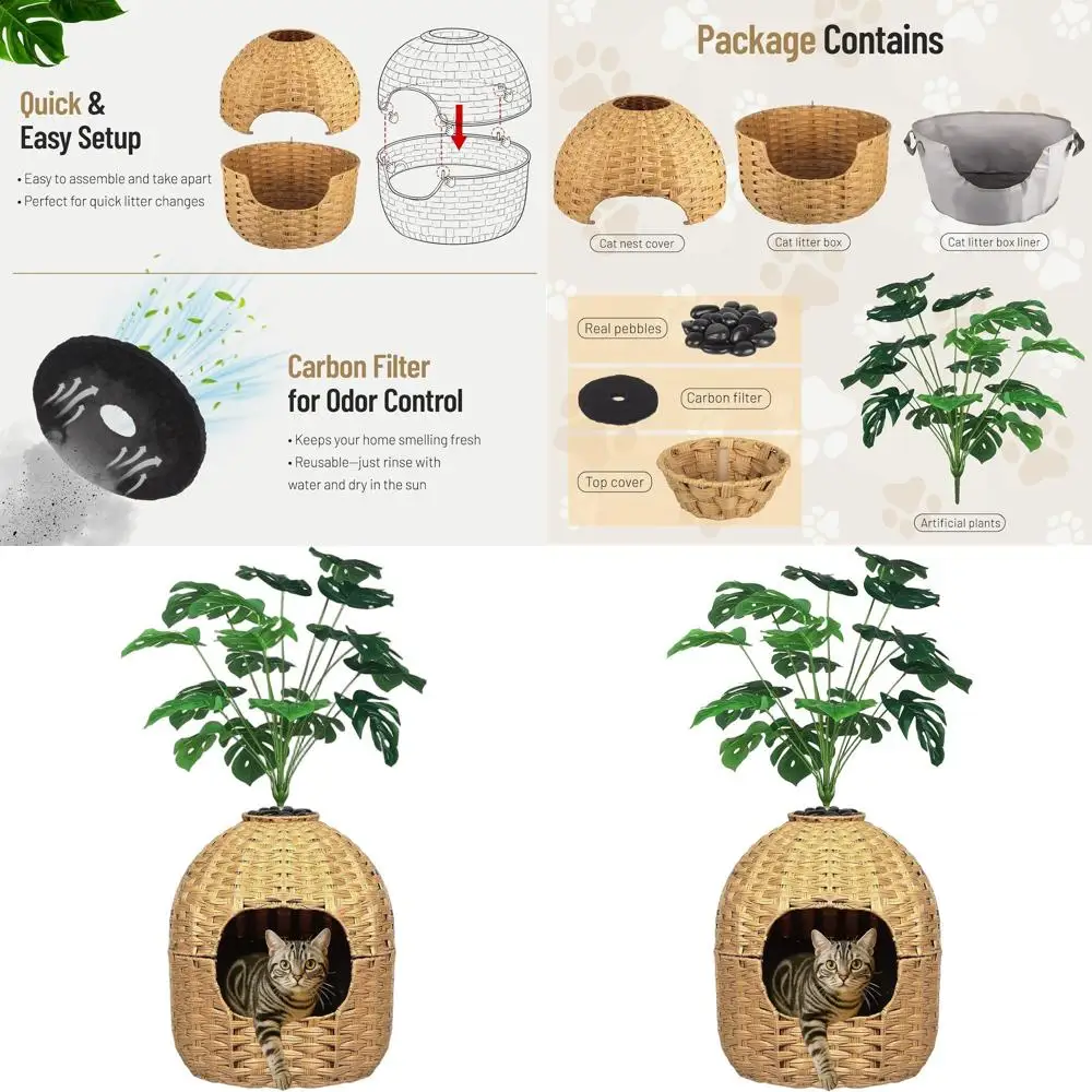 

Indoor Cat Litter Box Enclosure with Faux Plant and Rattan Planter, Odor-Controlled for Living Spaces