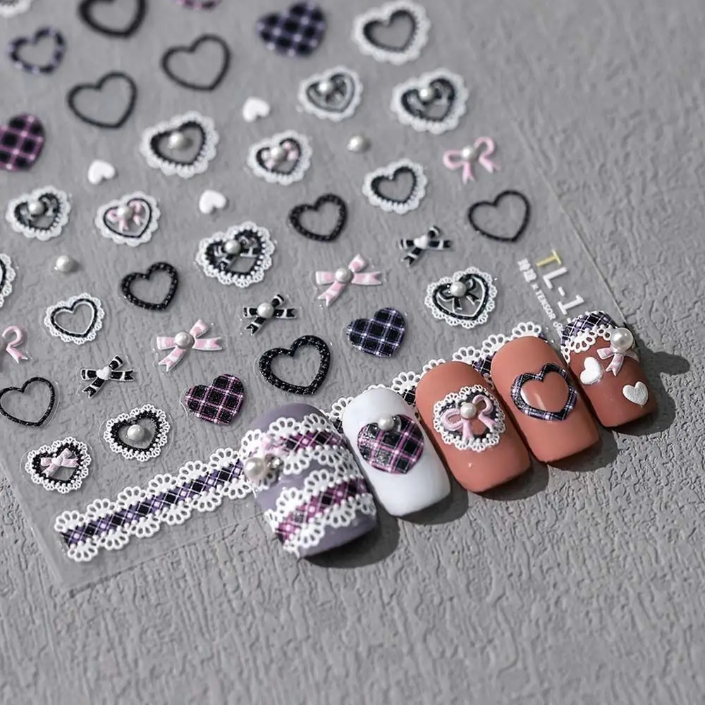 

Retro Black White Lace Bowknot Heart Checked Fabric Pearl Flower Bow 3D Self Adhesive Nail Art Decoration Sticker Manicure Decal